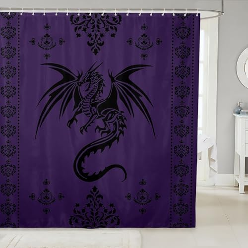 Feelyou Dragon Shower Curtain Kids Boys Teens Gothic Damask Paisley Floral Bathroom Waterproof Accessories with 12 Hooks 72x72 Inches Women Bohemian Exotic Animal Theme Room Decor,Purple Black