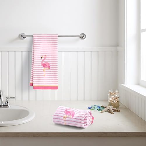 Ritz 2-Piece Cotton Velour Bathroom Hand Towel Set, Embroidered Flamingo Design, Soft Pink Pinstripe Decorative Towels for Tropical, Coastal, or Pool House Decor, 16” x 26”