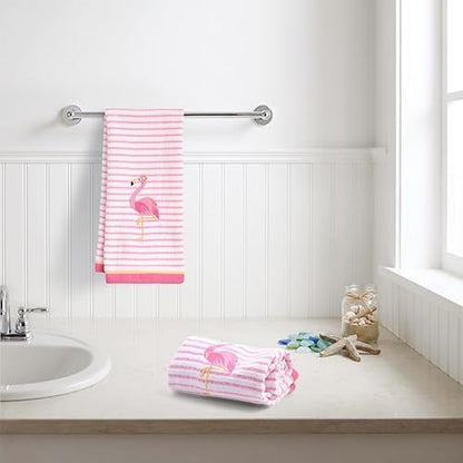 Ritz 2-Piece Cotton Velour Bathroom Hand Towel Set, Embroidered Flamingo Design, Soft Pink Pinstripe Decorative Towels for Tropical, Coastal, or Pool House Decor, 16” x 26”