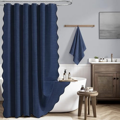 BTTN Boho Scalloped Linen Textured Cloth Shower Curtain, 72x84, Navy Blue