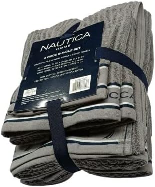 Nautica – Bathroom Towels, Washcloth, Bath & Hand Towel Set, Highly Absorbent Ribbed Terry Cotton, Set of 6, College Dorm Room Essentials (Signature Grey)