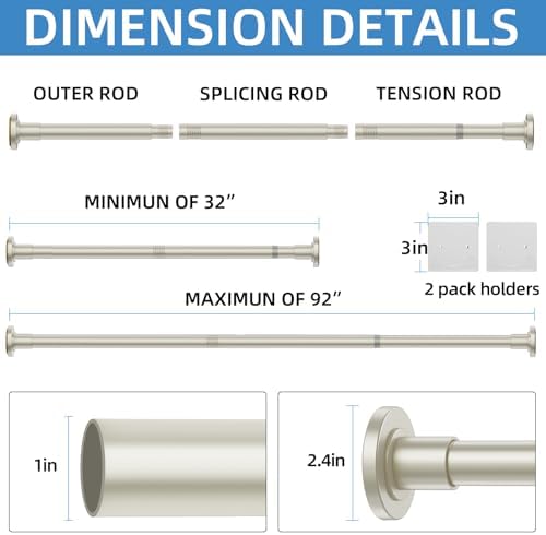 CorkLatta Nickel Adjustable Shower Curtain Rod 32 to 92 inch with 2 Holders