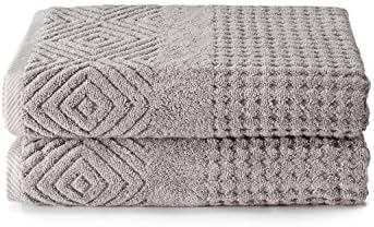 Texere 100% Organic Cotton Diamond Jacquard 700 GSM Luxury Bath Towel Sets - Ultra Soft and Absorbent Hotel and Spa Quality (Diamond, Cathedral Gray, 2 Bath Towels)