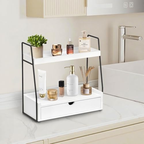 2-Tier Bathroom Countertop Organizer with Drawer, Wood Vanity Shelf White