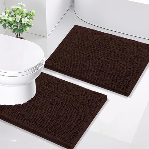 Smiry Chenille Bathroom Rugs Sets 2 Piece (24x16+ U Shape 24x20, Brown)