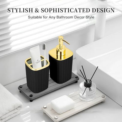 Black and Gold Bathroom Accessories, Soap Dispenser and Toothbrush Holder