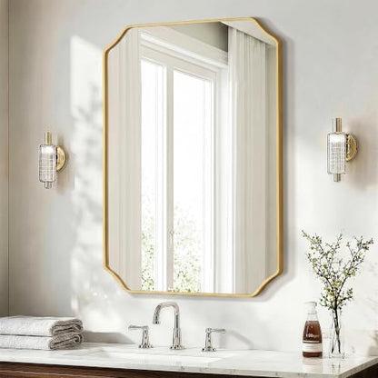 Delma Bathroom Vanity Mirror, Gold Framed Aluminum Bathroom Mirror for Over Sink, Scalloped Round Corner Wall Mirror, High-Definition Vanity Mirror, Hangs Horizontally or Vertically (36x24,Gold)