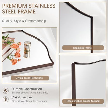 ANDY STAR 30"x40" Bronze Bathroom Mirror, Rectangle Scalloped Wall Mirror in Stainless Steel Metal Frame, Modern Brushed Bronze Finish with Curved Edge Design, Wall-Mount Mirror for Bathroom, Entryway