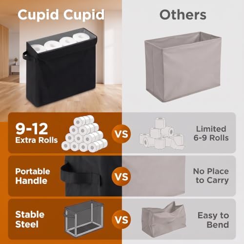 Cupic Cupid Bathroom Toilet Paper Storage - Toilet Paper Baskets with Lid, Holds 12 Regular or 9 Mega Rolls, Extra Cover Slim Tissue Holder Cabinet, Narrow Container Bin Organizer Box Black