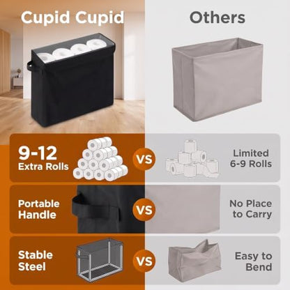 Cupic Cupid Bathroom Toilet Paper Storage - Toilet Paper Baskets with Lid, Holds 12 Regular or 9 Mega Rolls, Extra Cover Slim Tissue Holder Cabinet, Narrow Container Bin Organizer Box Black