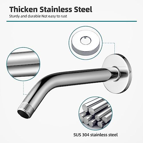 Cobbe Shower Arm with Flange and Teflon Tape, 8-Inches Wall Mounted Shower Pipe Arm 304 Stainless Steel Extension for Fixed Shower Head, Chrome