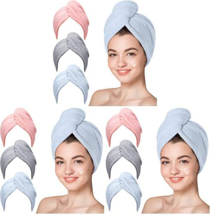 Hicober Microfiber Hair Towel Wrap, Fast Drying Hair Towels for Women, Soft Lightweight Quick Dry Turban for Curly & Long Hair–9 Pack(Blue/Grey/Pink)