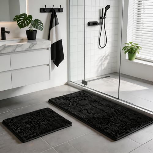 RUN HELIX Bathroom Rugs Set 2 Piece Thick Chenille Bath Mats, Soft Quick Dry Plush Absorbent Bath Rugs with Non-Slip PVC Backing, 32x20+24x16 Inch Black
