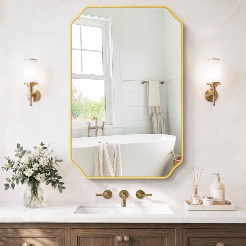 Gold Vanity Bathroom Mirror, 24" x 36" Scalloped Mirror for Wall