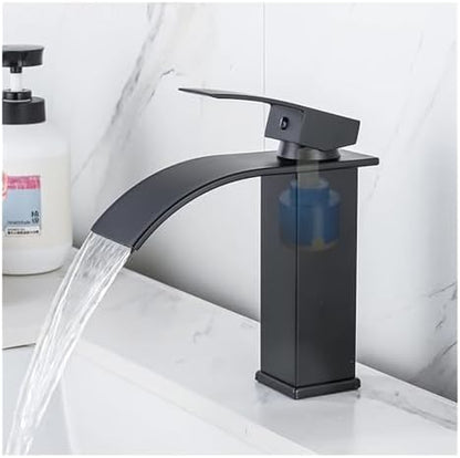 Elegant Black Waterfall Bathroom Faucet - High Arc Brushed Gold Mixer Tap, Easy Installation, Stylish Grey Vanity Sink Waterfall Faucet for Modern Bathrooms