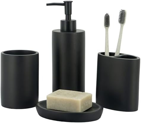 ZCCZ Bathroom Accessory Sets, 4 Pieces Bathroom Accessories Complete Set Vanity Countertop Accessory Set, Includes Lotion Dispenser Soap Pump, Toothbrush Holder and Tray (Matte Black Look Rounded)