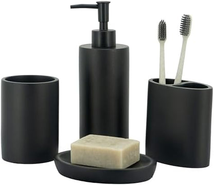 ZCCZ Bathroom Accessory Sets, 4 Pieces Bathroom Accessories Complete Set Vanity Countertop Accessory Set, Includes Lotion Dispenser Soap Pump, Toothbrush Holder and Tray (Matte Black Look Rounded)