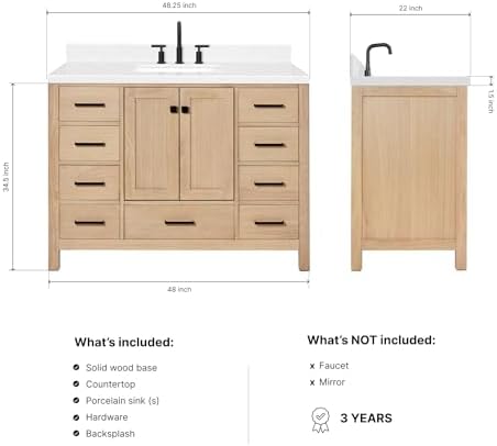 ARIEL Cambridge 48-inch Bathroom Vanity with Sink,Solid Wood, 1.5-inch Carrara White Quartz Countertop, Single Rectangular Porcelain Sink, 2 Soft Closing Doors, 9 Dovetail Drawers, White Oak
