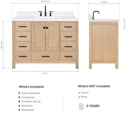 ARIEL Cambridge 48-inch Bathroom Vanity with Sink,Solid Wood, 1.5-inch Carrara White Quartz Countertop, Single Rectangular Porcelain Sink, 2 Soft Closing Doors, 9 Dovetail Drawers, White Oak