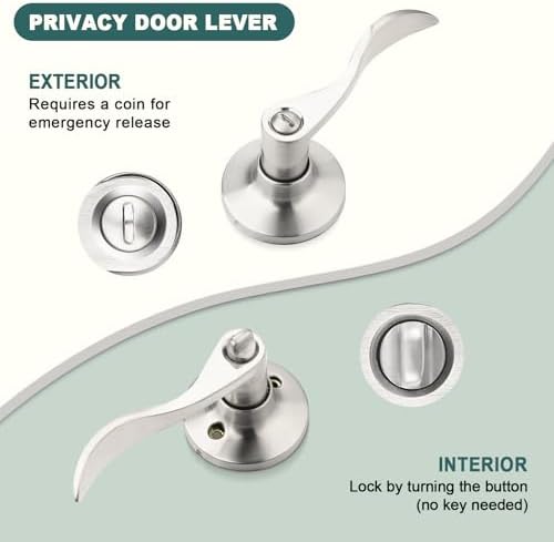 GOBEKOR 4 Pack Privacy Door Levers Brushed Nickel Privacy Door Handles Keyless Interior Door Handle with Lock Modern Door Locks for Bedroom Bathroom