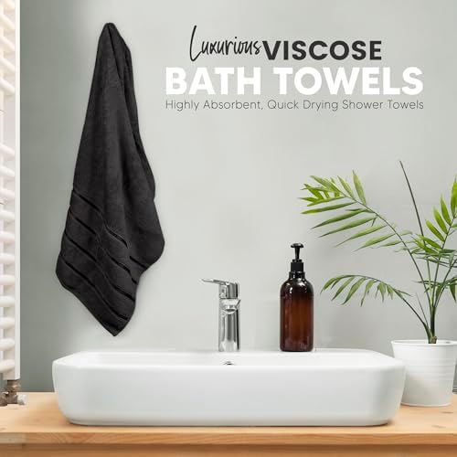 Luxury Bath Towels Set of 4, 27x54 Inches 600GSM 100% Cotton Ring Spun – Daily Use Highly Absorbent Viscose Stripe Bath Towel Sets for Bathroom, Hotel, Spa (Black)