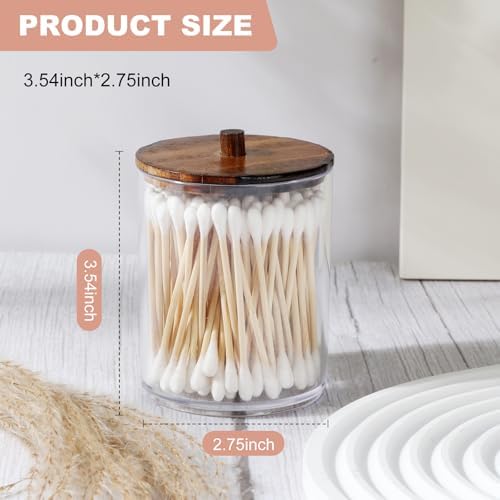 Temoyj 2 Pack Qtip Holder Dispenser with Wood Lids - 10 oz Clear Plastic Apothecary Jar Containers for Vanity Makeup Organizer Storage - Bathroom Accessories Set for Cotton Swab,Pads, Ball, Floss