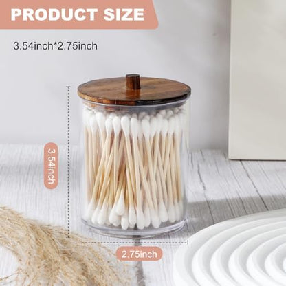 Temoyj 2 Pack Qtip Holder Dispenser with Wood Lids - 10 oz Clear Plastic Apothecary Jar Containers for Vanity Makeup Organizer Storage - Bathroom Accessories Set for Cotton Swab,Pads, Ball, Floss