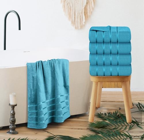 Luxury Bath Towels Set of 4, 27x54 Inches 600GSM 100% Cotton Ring Spun – Daily Use Highly Absorbent Viscose Stripe Bath Towel Sets for Bathroom, Hotel, Spa (Turquoise)