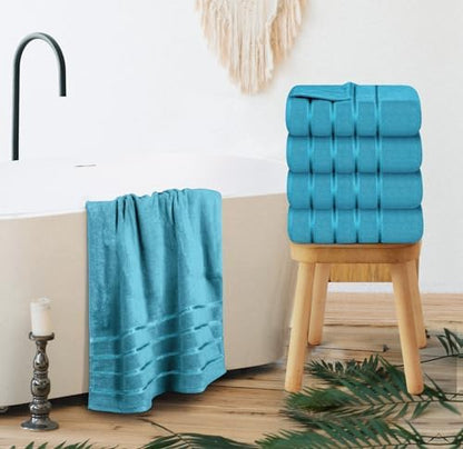 Luxury Bath Towels Set of 4, 27x54 Inches 600GSM 100% Cotton Ring Spun – Daily Use Highly Absorbent Viscose Stripe Bath Towel Sets for Bathroom, Hotel, Spa (Turquoise)