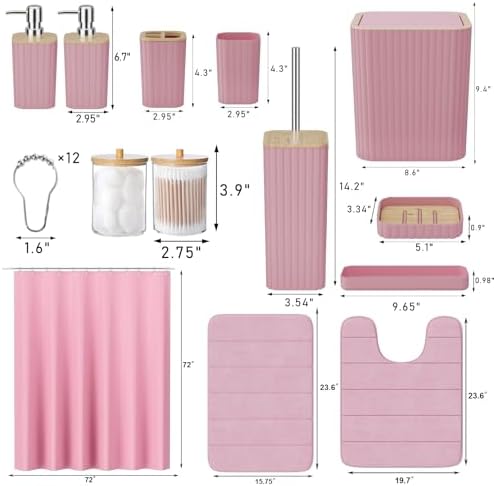 XLHOMO Bathroom Accessories Set - 25PC Pink Bathroom Set, Bathroom Set with Shower Curtain and Rugs, Pink Shower Curtain Set, Toilet Brush, Bathroom Trash Can
