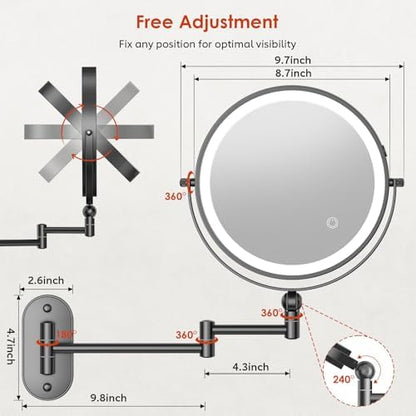 ZLOKLA 9" Wall Mounted Lighted Makeup Mirror,4000mAh Rechargeable Double Sided 1X/20X Magnifying Mirror with Light,Touch Dimmable,Extended Arm 360 Rotation Wall Mounted Makeup Mirror 3 Color Lights-B