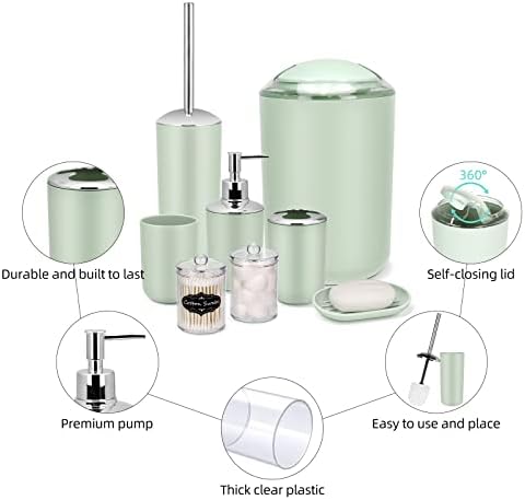 IMAVO Bathroom Accessories Set,Green Bathroom Set,9 Pieces Bathroom Accessory Set,Tray,Qtip Holders,Toilet Brush,Trash Can for Bathroom Décor and Home Gifts