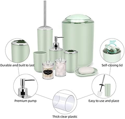 IMAVO Bathroom Accessories Set,Green Bathroom Set,9 Pieces Bathroom Accessory Set,Tray,Qtip Holders,Toilet Brush,Trash Can for Bathroom Décor and Home Gifts