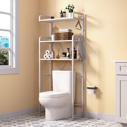 Huhote Over The Toilet Storage Rack with 3-Tier Bathroom Shelves, Space Saver Toilet Shelf, Bathroom Storage Organizer with Hooks for Over Toilet Storage and Shelf (White)