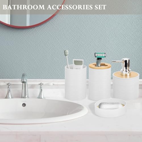 RRM 4 Piece Bamboo Bathroom Accessories Set, Boho Bathroom Decor, White