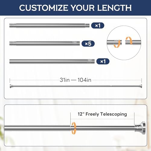 Adjustable Shower Curtain Rod 31-104 Inch, Never Rust Stainless Steel Silver Tension Rod, 1" Heavy Duty No-Drill for Bathroom, Kitchen & Closet