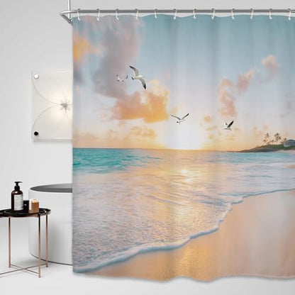 Miyotaa Beach Coastal Shower Curtain Set 60Wx71H Inches Sea Ocean Sunrise Sunset Scene Wave Seagull Hawaiian Seaside Waterproof Bathroom Curtain with 12 Hooks