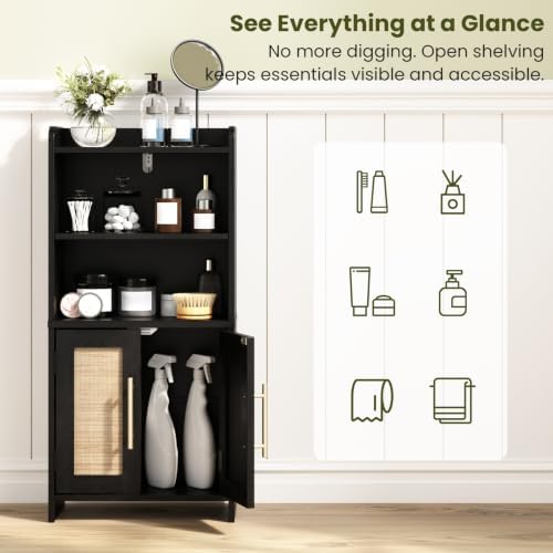 Small Bathroom Storage Cabinet with 2 Doors & Shelf,Rattan Black