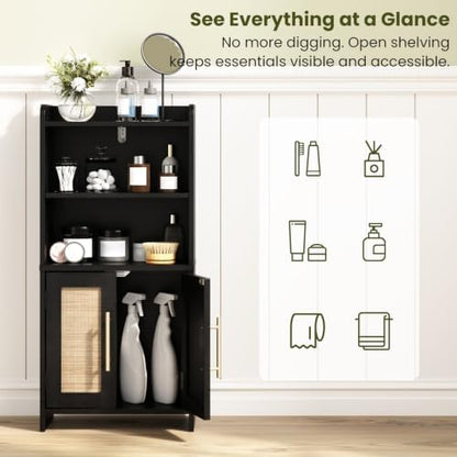 Small Bathroom Storage Cabinet with 2 Doors & Shelf,Rattan Black