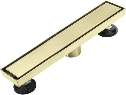 Linear Shower Floor Drain, Brushed Gold 12 Inch 304 Stainless Steel Bathroom Drains Kit, Rectangular Shower Trench Drain with Reversable Tile-in Pattern Drain Cover & Hair Catcher