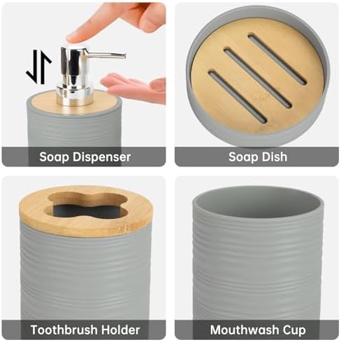 RRM 4 Piece Bamboo Bathroom Accessories Set, Boho Bathroom Decor, Grey