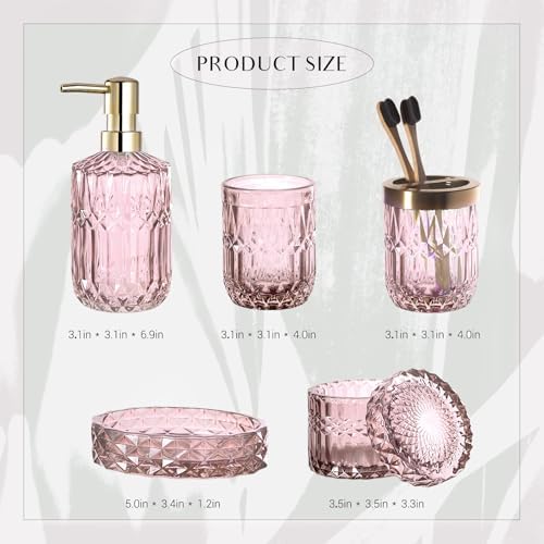 EMPO 6PCS Bathroom Clear Glass Accessories Set (Lotion Soap Dispenser, Soap Dish, Toothbrush Holder, Tumbler, Cotton Swab Jar), Contemporary Modern Decor Crystal Vintage Gift (6pcs Light Pink)