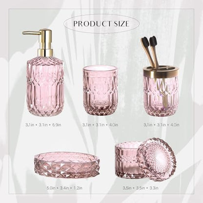 EMPO 6PCS Bathroom Clear Glass Accessories Set (Lotion Soap Dispenser, Soap Dish, Toothbrush Holder, Tumbler, Cotton Swab Jar), Contemporary Modern Decor Crystal Vintage Gift (6pcs Light Pink)