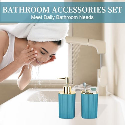 RRM Bathroom Soap Dispenser and Toothbrush Holder Set, Teal Blue
