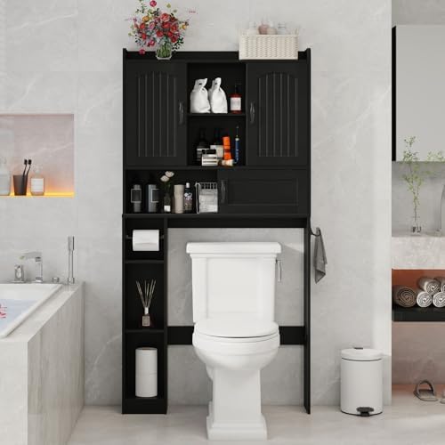 Vabches Over The Toilet Cabinet with 2 Barn Doors & Sliding Door, Black