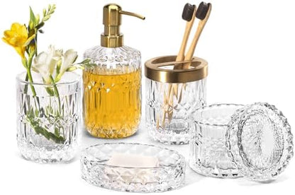 EMPO 6PCS Bathroom Clear Glass Accessories Set (Lotion Soap Dispenser, Soap Dish, Toothbrush Holder, Tumbler, Cotton Swab Jar), Contemporary Modern Decor Crystal Vintage Gift (6pcs Clear)