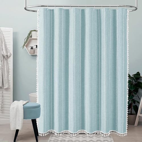 BTTN 72x78 Long Boho Farmhouse Linen Heavy Duty Shower Curtain, Fog Blue