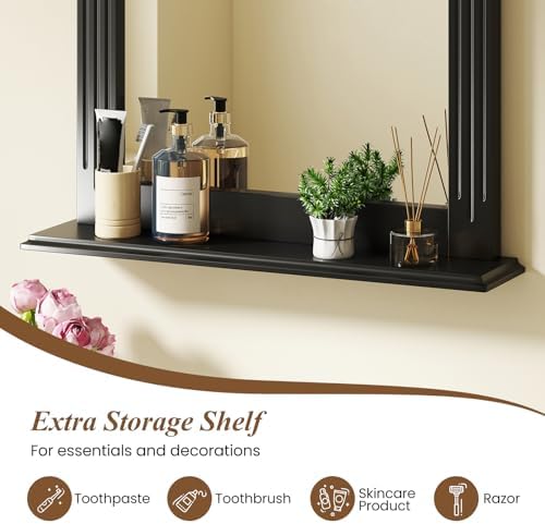 CHARMAID Bathroom Mirror with Shelf - 27" x 22.5" Wall Mirror Over Bathroom Sink, Wooden Frame Modern Rectangular Hanging Vanity Makeup Mirrors for Washroom, Entryway (Black,27" L x 22.5" W)