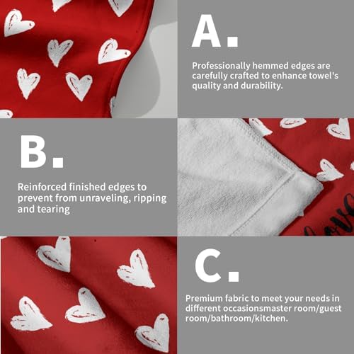 Love Hearts Hand Towel Set of 2, Cute Valentine's Day Red Soft Absorbent Dish Tea Towels Washcloths 14x28 Inch Home Hotel Kitchen Bathroom Wedding Anniversary Decor