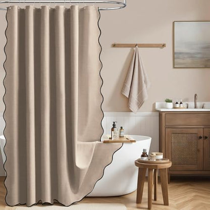 BTTN Stall Boho Scalloped Linen Textured Shower Curtain, 36x72, Tan/Taupe